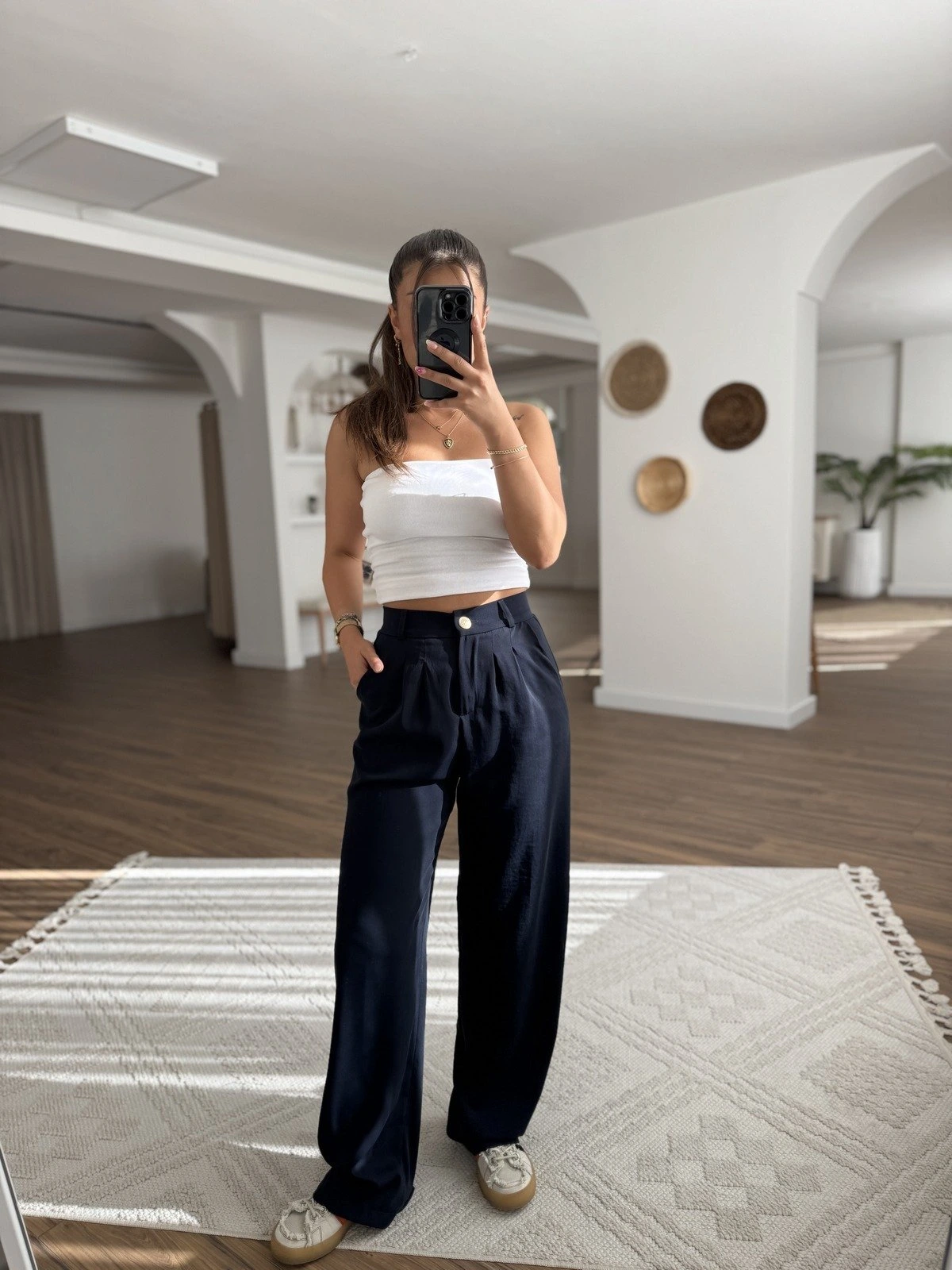 ARKA BEL LASTİK TİRİL PALAZZO PANTOLON - LACİVERT - Görsel 1