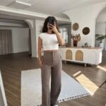 ARKA BEL V CEP GÖRÜNÜM BORU PAÇA VİSKON LİKRA PANTOLON - TOPRAK