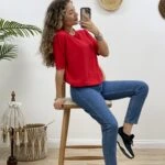 ARKA DAMLA KISA KOL TRİKO - KIRMIZI