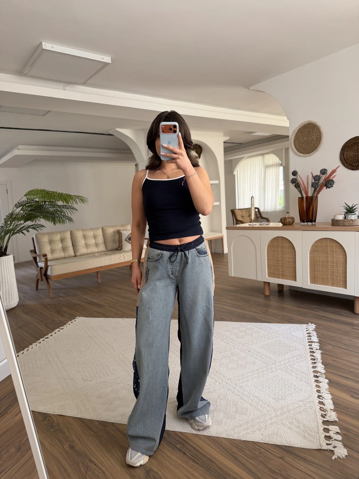 ARKA DOKU KUMAŞ MİX YAN ŞERİT PAMUK PANTOLON - MAVİ - Görsel 1