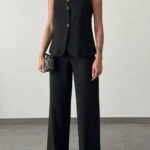 ARKA DÜĞME BRİT YELEK BOL PAÇA PANTOLON ÇİZGİLİ TAKIM - SİYAH