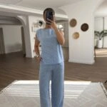 ARKA DÜĞME DETAY ÇİZGİLİ PAMUK KETEN TAKIM - MAVİ