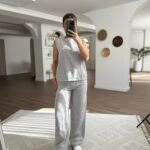 ARKA DÜĞME DETAY ÇİZGİLİ PAMUK KETEN TAKIM - GRİ