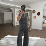 ARKA DÜĞME DETAY ÇİZGİLİ PAMUK KETEN TAKIM - SİYAH