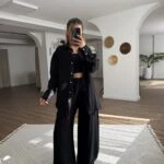 ARKA DÜĞMELİ GÖMLEK PANTOLON KETEN VİSKON TAKIM - SİYAH