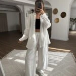 ARKA DÜĞMELİ GÖMLEK PANTOLON KETEN VİSKON TAKIM - BEYAZ