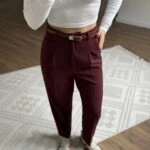 ARKA KAPAK CEP KEMERLİ TİRİL KUMAŞ PANTOLON - BORDO