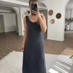 ARKA ÖN U YAKA VİSKON KARIŞIM UZUN KOLSUZ ELBİSE - SİYAH