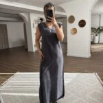 ARKA ÖN V TENCEL YAN YIRTMAÇLI ELBİSE - ANTRASİT