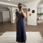 ARKA ÖN V TENCEL YAN YIRTMAÇLI ELBİSE - LACİVERT