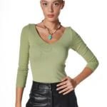 ARKA ÖN V YAKA UZUN KOL PAMUK TİŞÖRT - ÇAĞLA YEŞİLİ