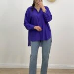 ARKA UZUN GOFRE GÖMLEK - MOR