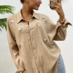 ARKA UZUN TAŞ İŞLEME VİSKON GÖMLEK - BEJ