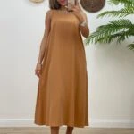 ARKA V TENSEL MİDİ BOY ELBİSE - CAMEL