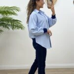 ARKA YAZI BASKI ÖRME DETAY GÖMLEK - MAVİ