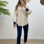 ARKA YAZI BASKI ÖRME DETAY GÖMLEK - BEJ