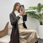 ARKA YIRTMAÇLI UZUN DERİ CEKET - KAHVE