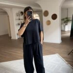 ASİMETRİK DÜŞÜK OMUZ BLUZ BALON PAMUK EŞOFMAN TAKIM - FÜME