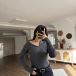 ASİMETRİK KAT YAKA YÜN KARIŞIM KAZAK - FÜME MELANJ