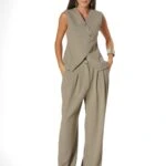 ASİMETRİK YELEK PALAZZO PANTOLON TAKIM - OLİVE