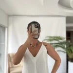 ASKI AHŞAP BONCUK ASTARLI PAMUK KETEN ELBİSE - BEYAZ