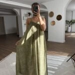 ASKI AYARLAMALI ASTARLI DESENLİ KIRIŞIK VİSKON ELBİSE - HAKİ