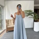 ASKI AYARLAMALI PAMUK LİKRA YIKAMALI SALAŞ ELBİSE - MAVİ