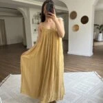 ASKI AYARLI PİLİLİ PÜSKÜL ETEK ASTARLI VİSKON ELBİSE - HARDAL