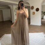 ASKI AYARLI PİLİLİ PÜSKÜL ETEK ASTARLI VİSKON ELBİSE - VİZON