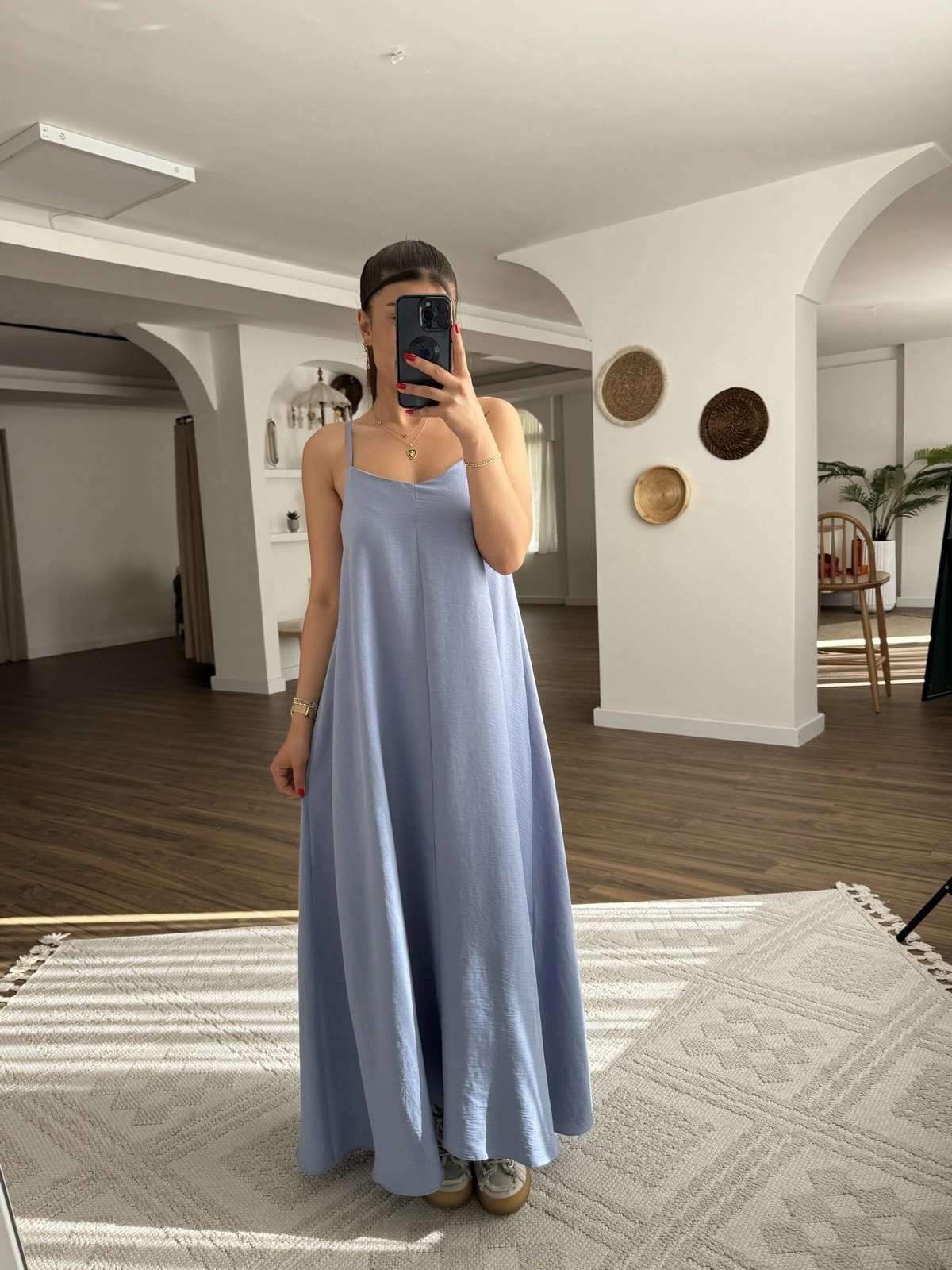 ASKI AYARLI V YAKA SALAŞ ELBİSE - BEBE MAVİ - Görsel 1