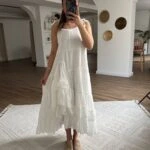 ASKI BAĞLAMALI ASTARLI ETEĞİ KATLI PAMUK ELBİSE - BEYAZ