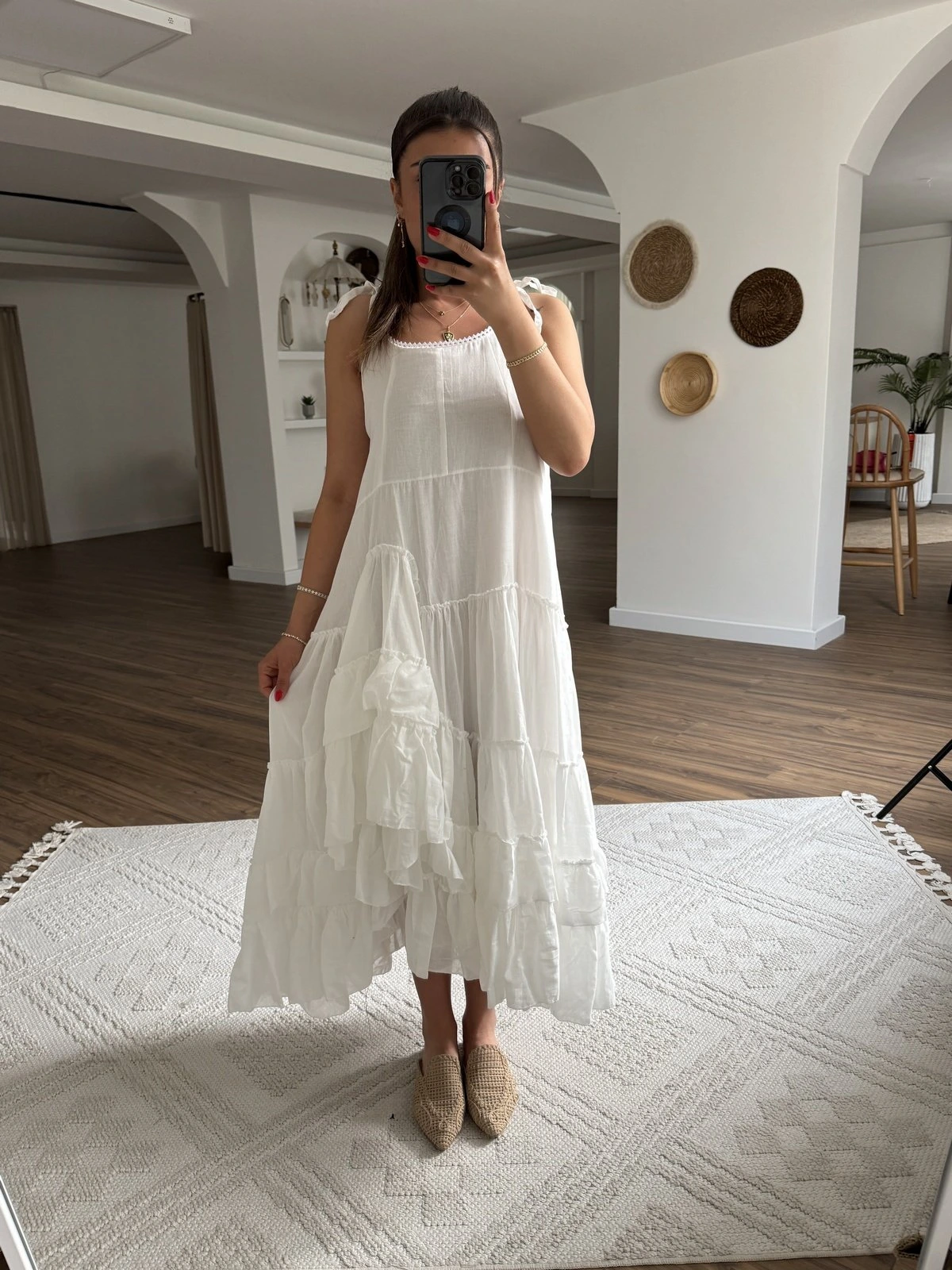 ASKI BAĞLAMALI ASTARLI ETEĞİ KATLI PAMUK ELBİSE - BEYAZ - Görsel 1