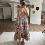 ASKI BAĞLAMALI ETEĞİ KATLI ASİMETRİK PAMUK ELBİSE - LACİVERT