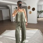 ASKILI BLUZ BEL LASTİK PANTOLON İPEK VİSKON TAKIM - HAKİ