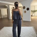 ASKILI BLUZ BEL LASTİK PANTOLON İPEK VİSKON TAKIM - İNDİGO