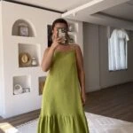 ASKILI ETEĞİ VOLANSIRT LASTİK PAMUK ELBİSE - OLİVE