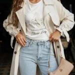 ASKILI İNCİ DETAY KISA KOL TİŞÖRT - EKRU