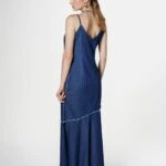 ASKILI TERS PÜSKÜL DİKİŞ UZUN ELBİSE - LACİVERT