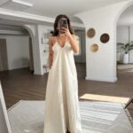 ASTARLI V YAKA ASKILI VİSKON KETEN KARIŞIMLI ELBİSE - TAŞ