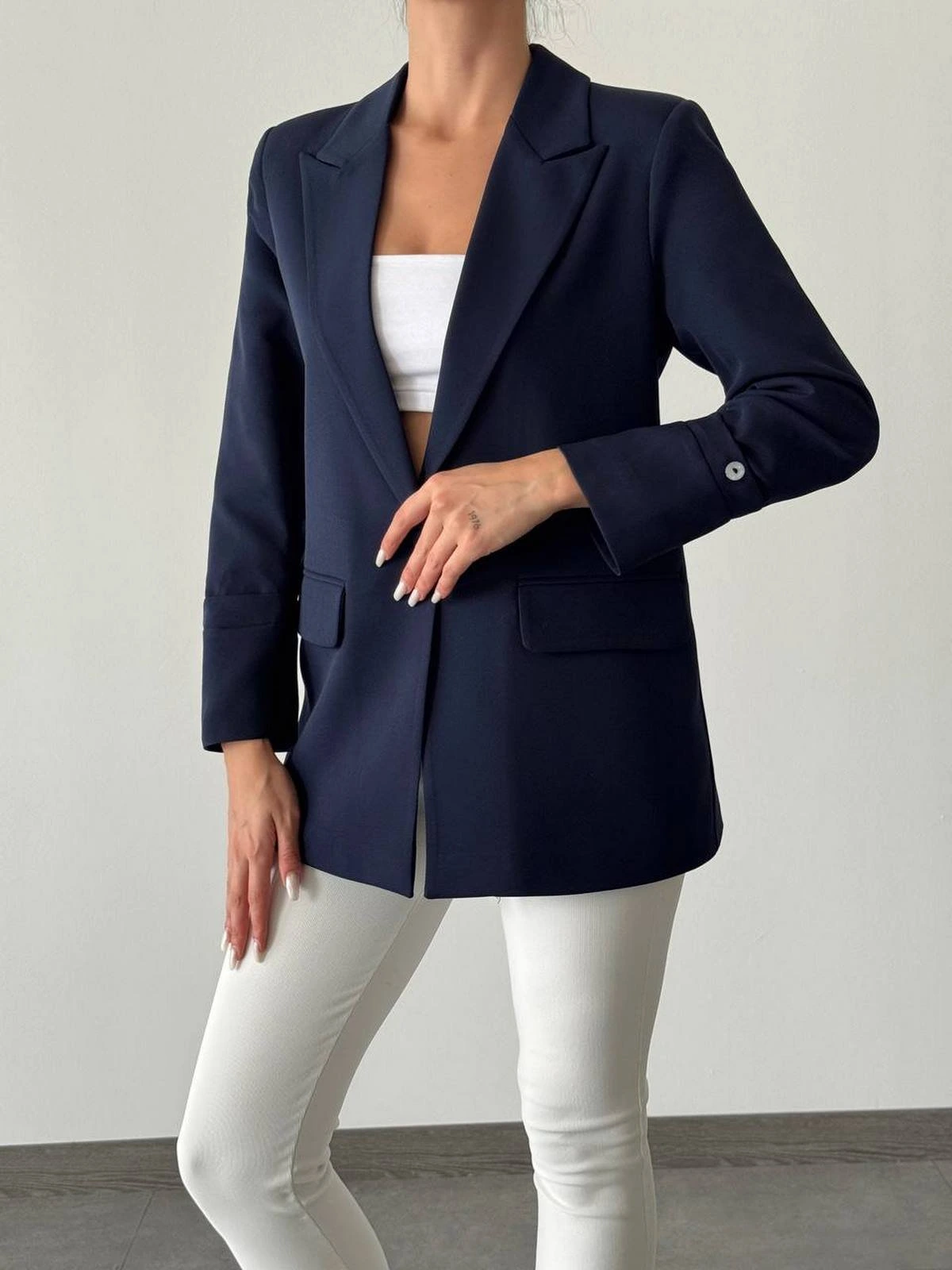 ATLAS KUMAŞ KOL DETAY CEKET - LACİVERT - Görsel 1