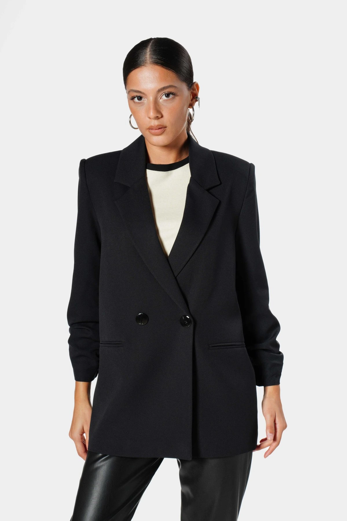 ATLAS KUMAŞ KOLU PİLE ÇİFT DÜĞME CEKET - SİYAH - Görsel 1