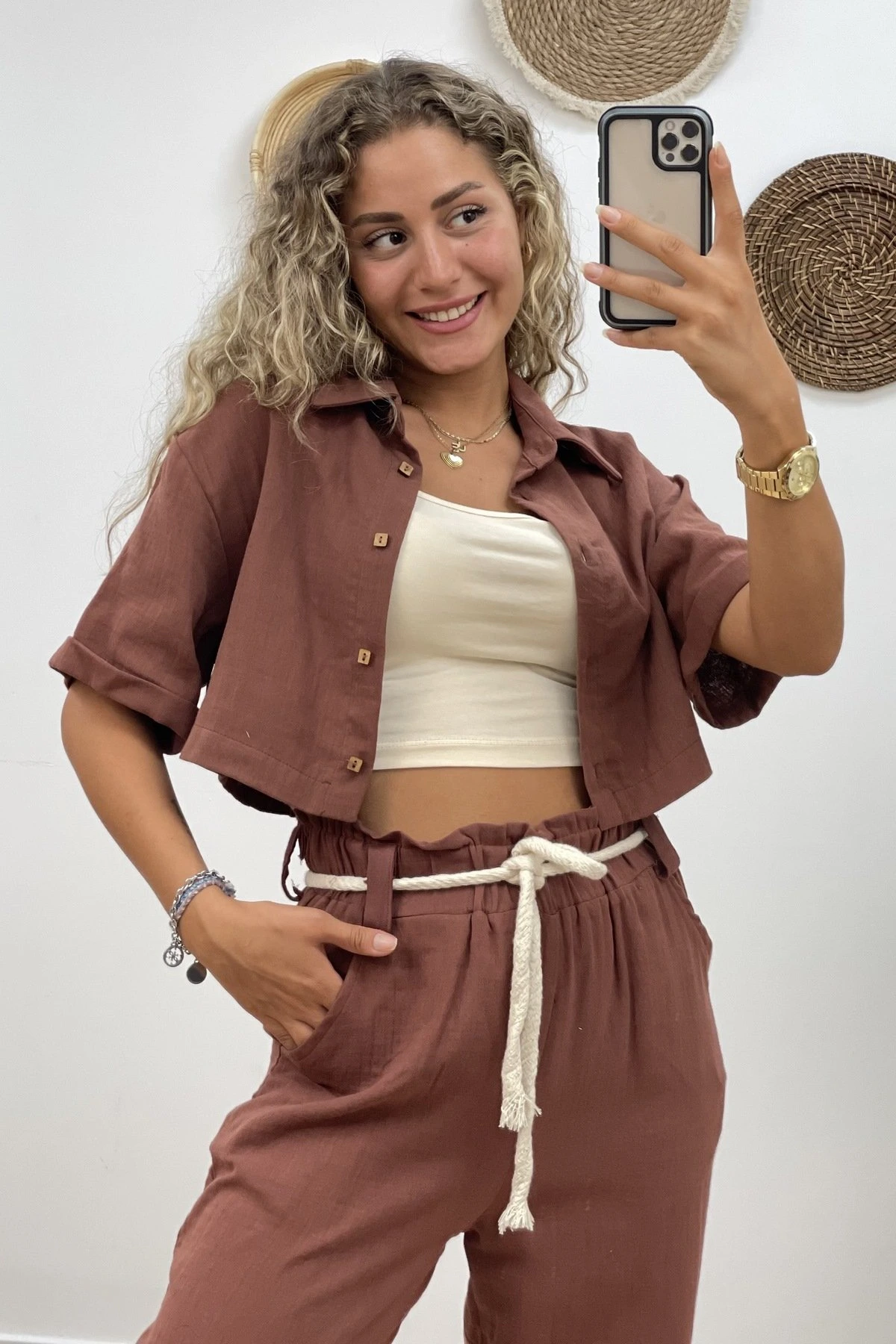 CROP PAMUK GÖMLEK - KAHVE - Görsel 1