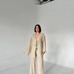 BAĞCIKLI KİMONO ASTARLI PANTOLON PAMUK TAKIM - NATUREL