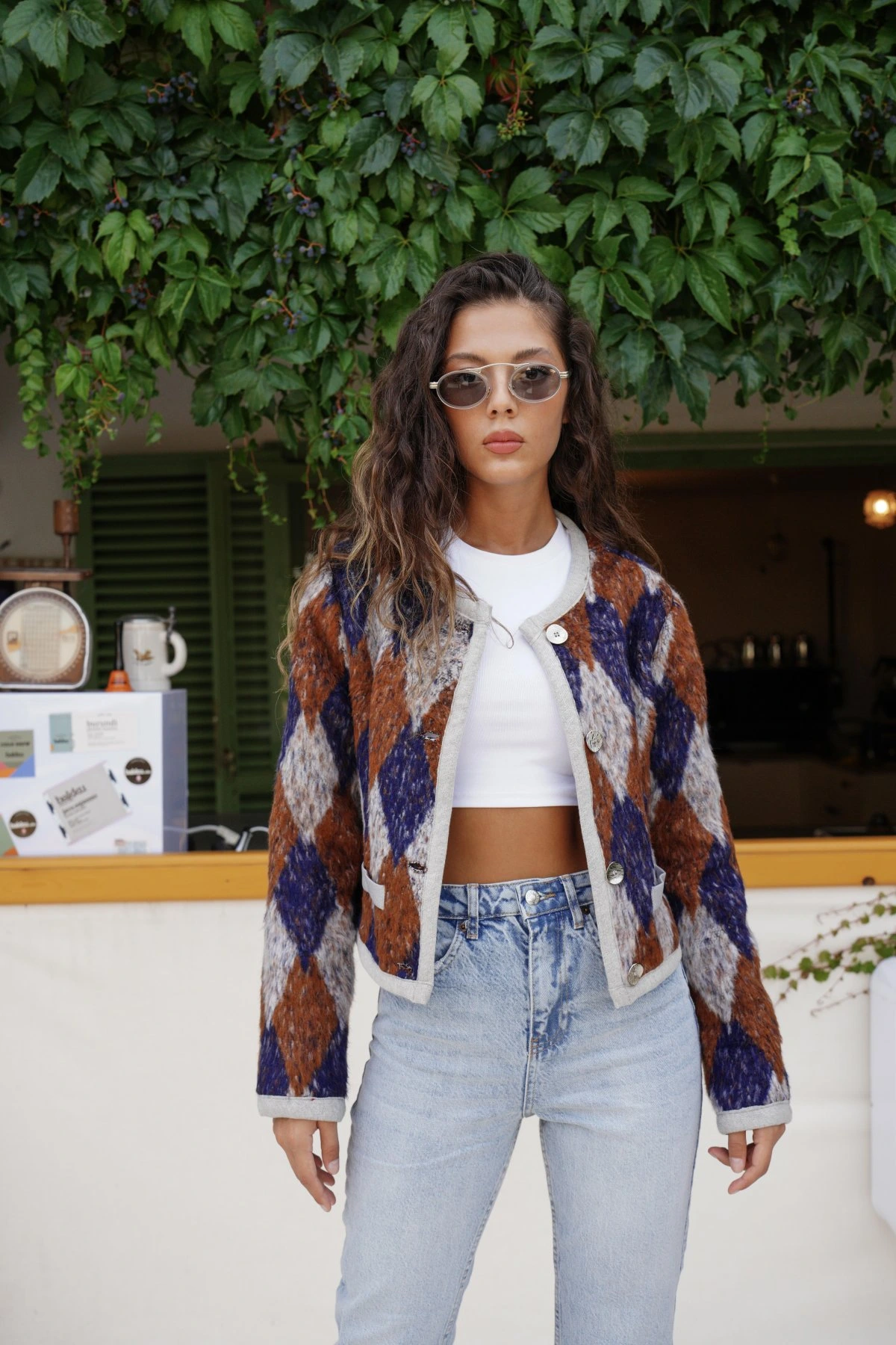 BAKLAVA DESEN CROP CEKET - LACİVERT - Görsel 1