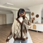 BAKLAVA DESEN ŞARDONLU ALPAKA KARIŞIM HIRKA - KAHVE