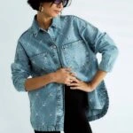 BAKLAVA TAŞ BASKI İNCİ ÇAKIM JEAN GÖMLEK - AÇIK MAVİ