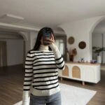 BALIKÇI YAKA ÇİZGİLİ DROPLU VİSKON KAZAK - KREM SİYAH