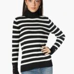 BALIKÇI YAKA ÇİZGİLİ DROPLU VİSKON TRİKO - SİYAH-KREM