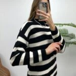 BALIKÇI YAKA ÇİZGİLİ KAZAK - SİYAH EKRU