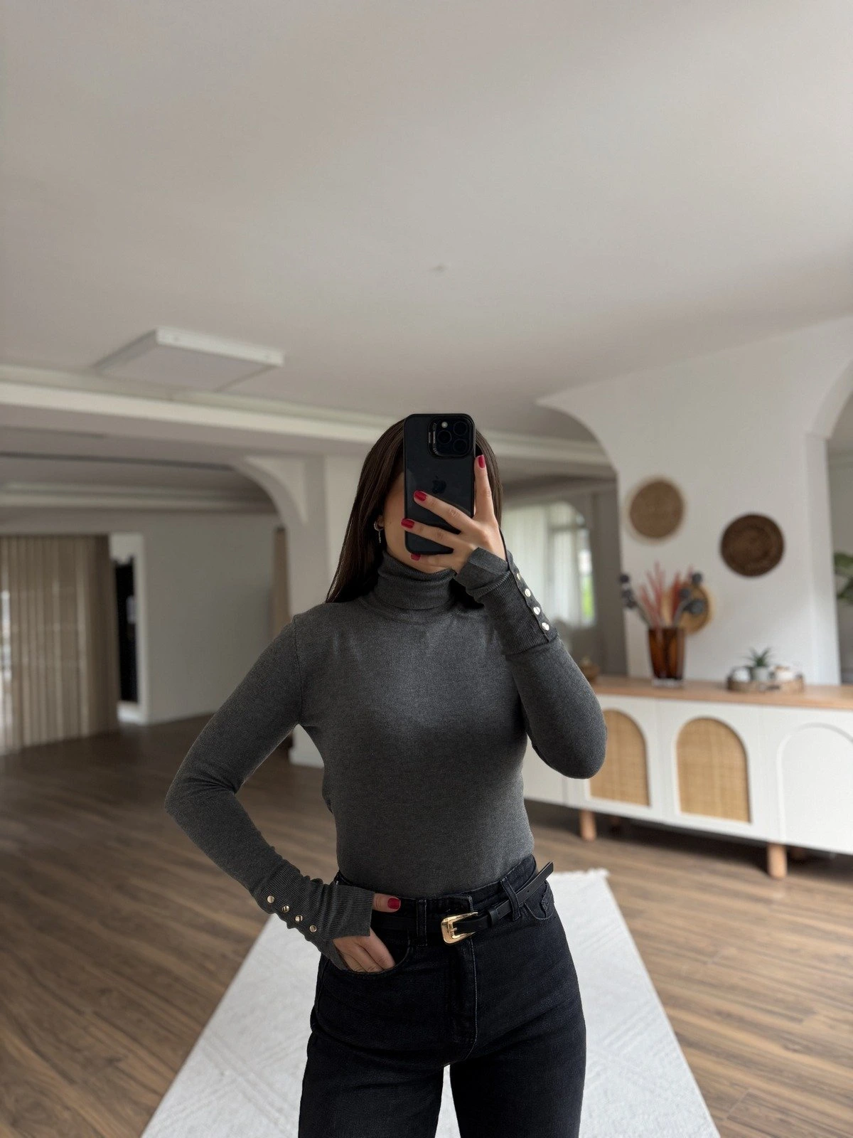 BALIKÇI YAKA KOL DROP VİSKON KAZAK - KOYU FÜME MELANJ - Görsel 1